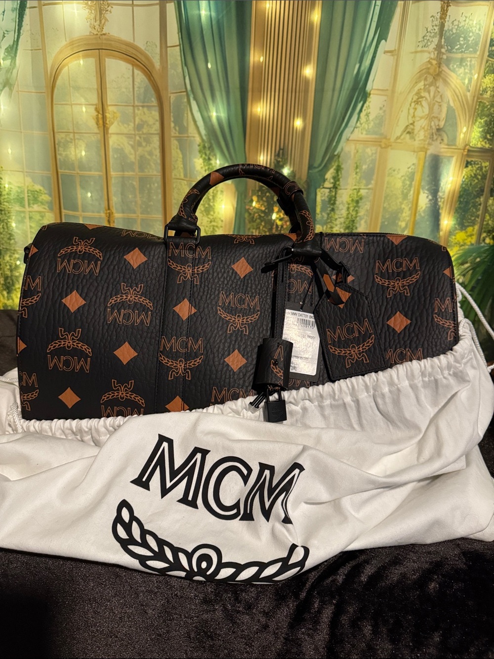 MCM Black Visetos Boston Duffel with Cognac Logo Ottomar Weekender
